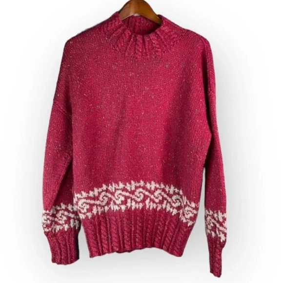 VINTAGE 90’s Handmade  Knitted Mock-neck Wool Sweater Berry Cable-knit Baggy L - Picture 2 of 9